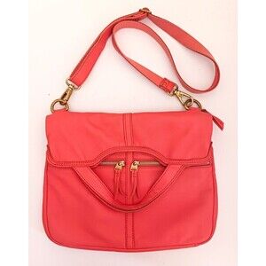 Fossil Erin Fold Over Crossbody Bag Coral Orange Pebbled Leather Adj Strap
